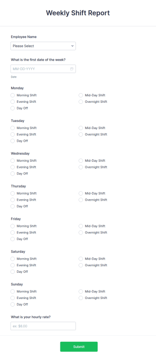 Weekly Shift Report Form Template