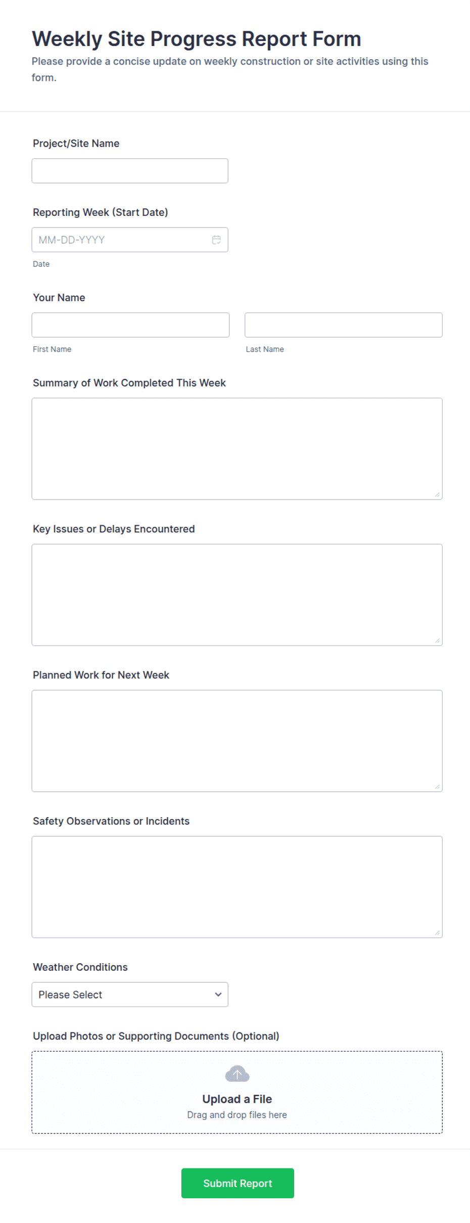 Reort Sample Weekly Site Progress Report Form Template | Jotform