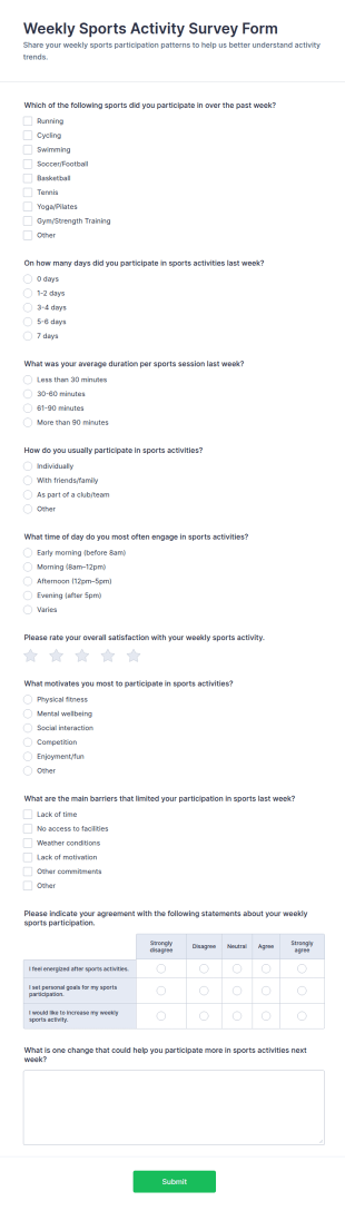 Weekly Sports Activity Survey Form Template