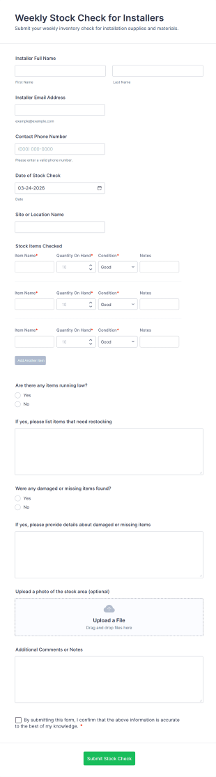 Weekly Stock Check For Installers Form Template