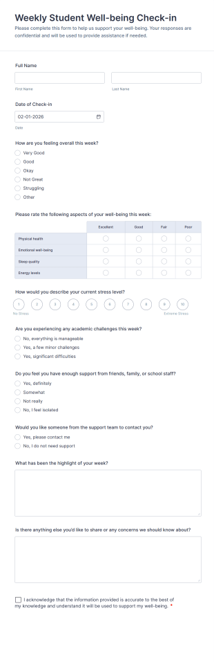 Weekly Student Well Being Check In Form Template