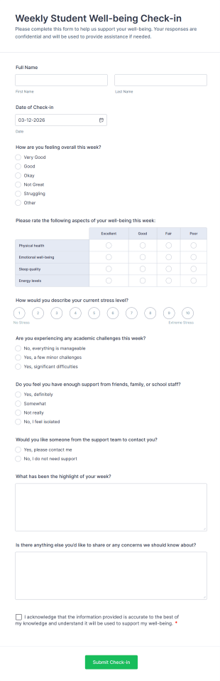 Weekly Student Well Being Check In Form Template