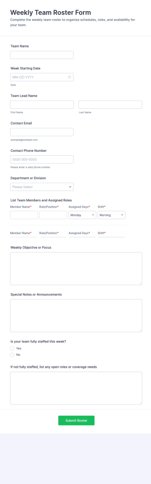 Weekly Team Roster Form Template