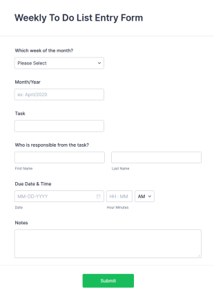 Weekly To Do List Entry Form Template
