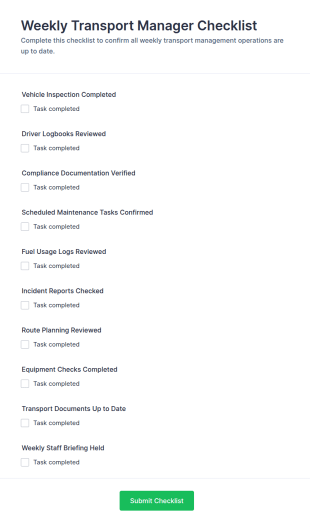 Weekly Transport Manager Checklist Form Template