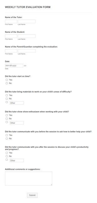 Weekly Tutor Evaluation Form