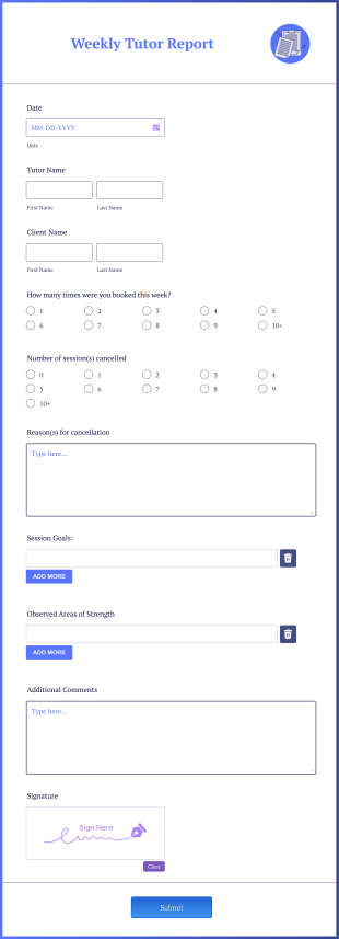 Weekly Tutor Report Form Template