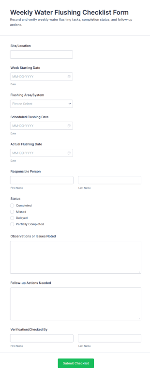 Weekly Water Flushing Checklist Form Template