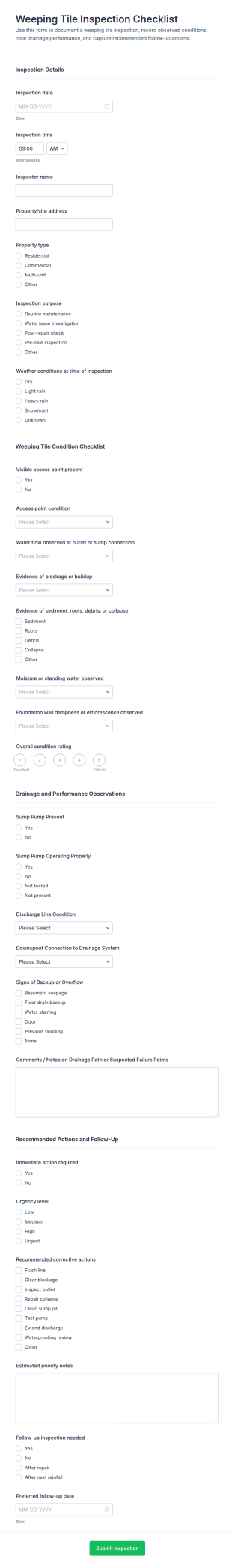 Weeping Tile Inspection Checklist Form Template