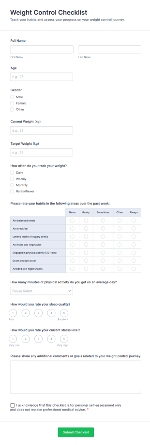 Weight Control Checklist Form Template