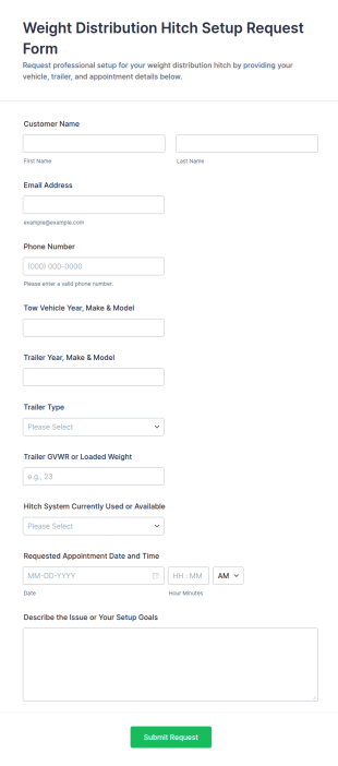 Weight Distribution Hitch Setup Request Form Template