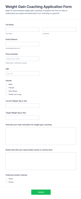 Weight Gain Coaching Application Form Template