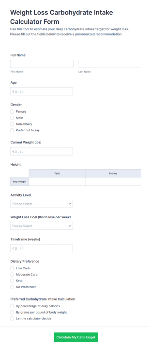 Weight Loss Carbohydrate Intake Calculator Form Template