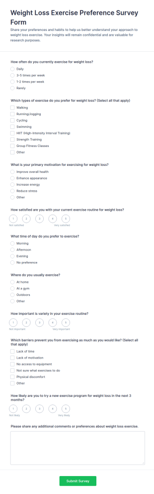 Weight Loss Exercise Preference Survey Form Template