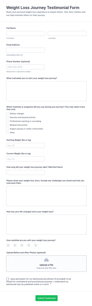 Weight Loss Journey Testimonial Form Template