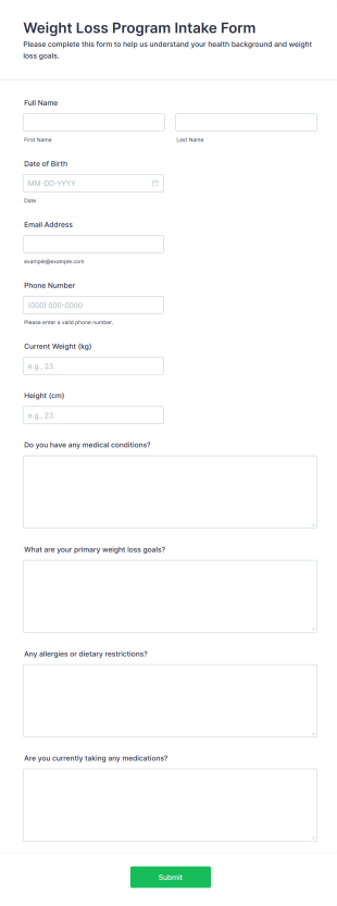 Weight Loss Program Intake Form Form Template