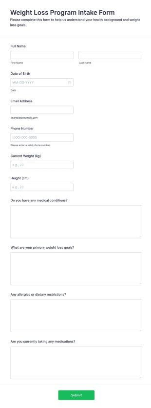 Weight Loss Program Intake Form Template