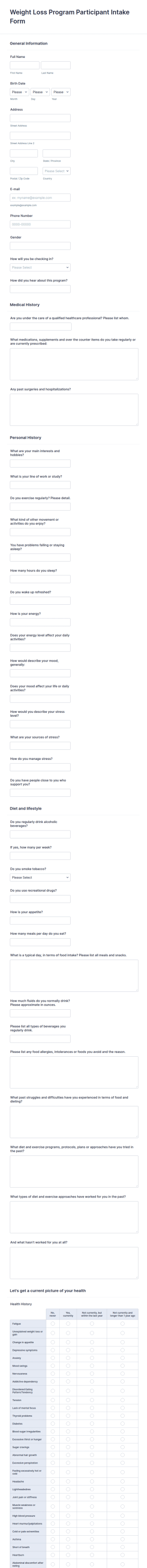 Weight Loss Program Participant Intake Form Template