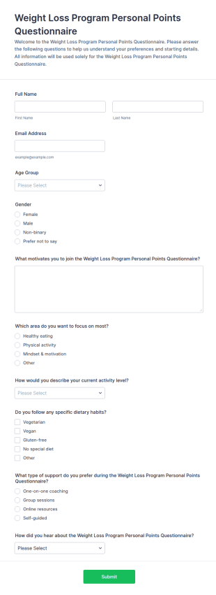 Weight Loss Program Personal Points Questionnaire Form Template