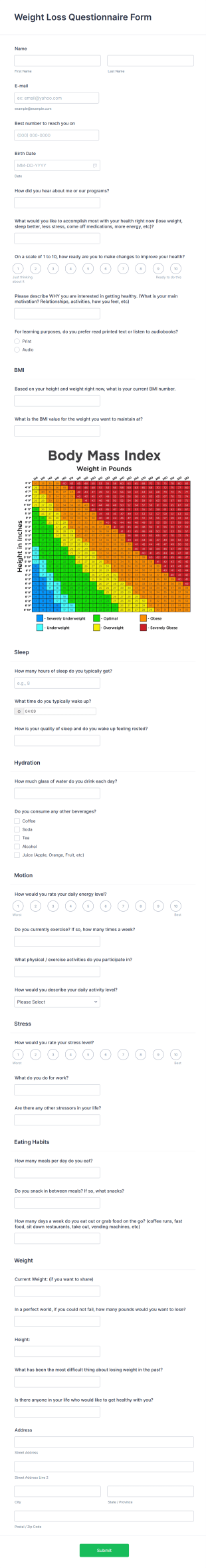 Weight Loss Questionnaire Form Template