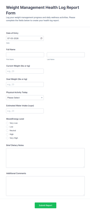 Weight Management Health Log Report Form Template