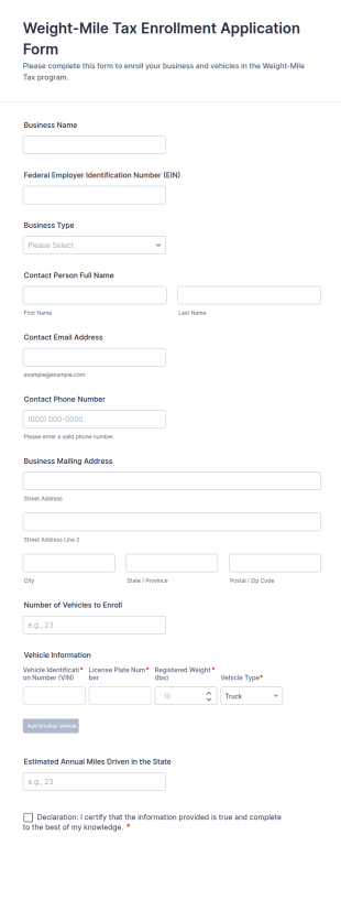 Weight Mile Tax Enrollment Application Form Template