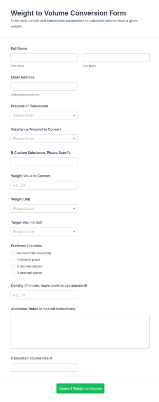 Weight To Volume Conversion Form Template