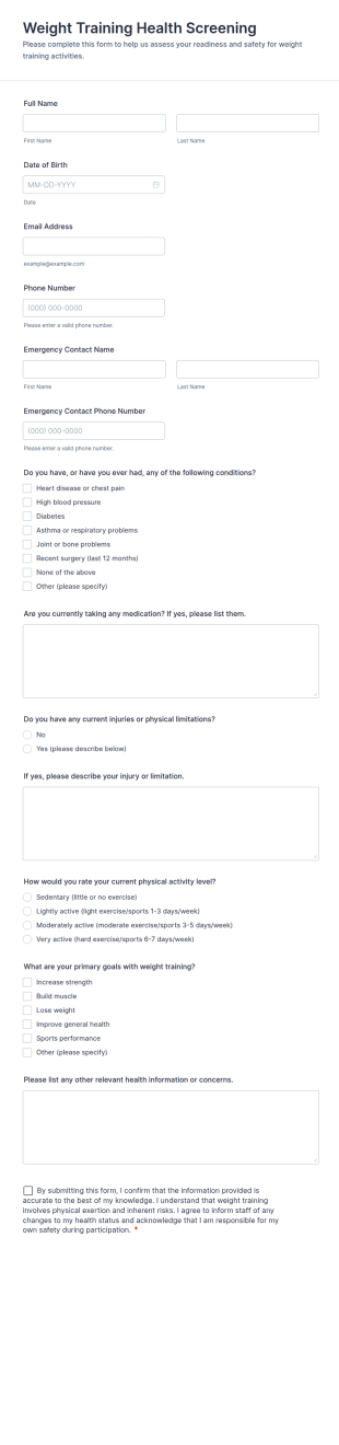 Weight Training Health Screening Form Template