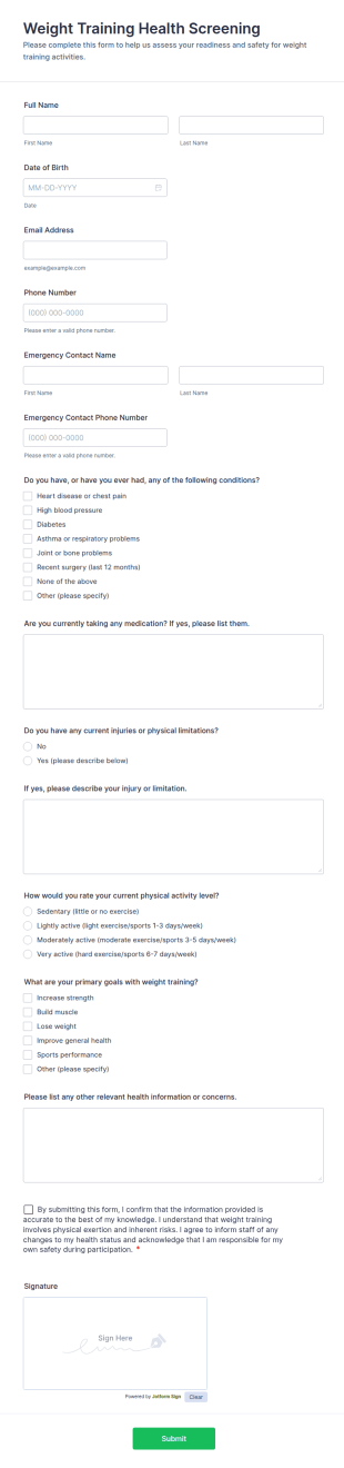 Weight Training Health Screening Form Template