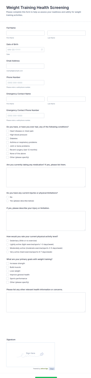 Weight Training Health Screening Form Template