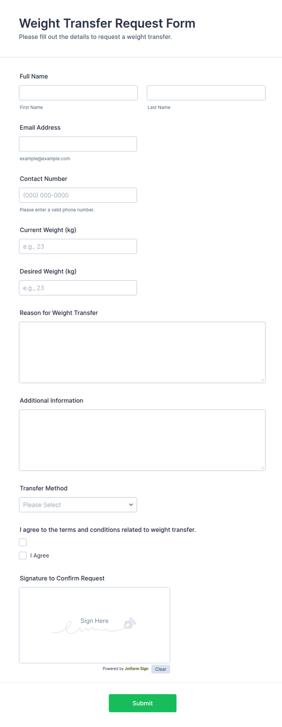 Weight Transfer Request Form Template | Jotform