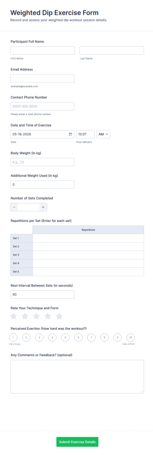 Weighted Dip Exercise Form Template