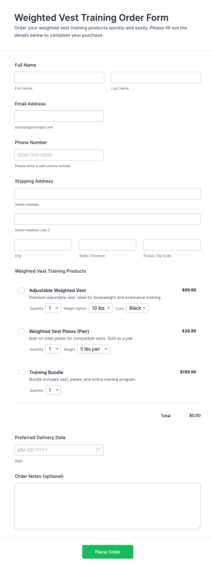 Weighted Vest Training Order Form Template