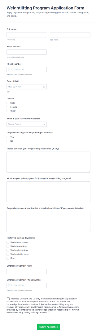 Weightlifting Program Application Form Template
