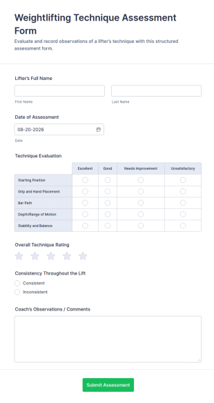 Weightlifting Technique Assessment Form Template