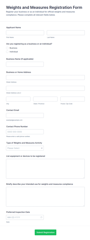 Weights And Measures Registration Form Template