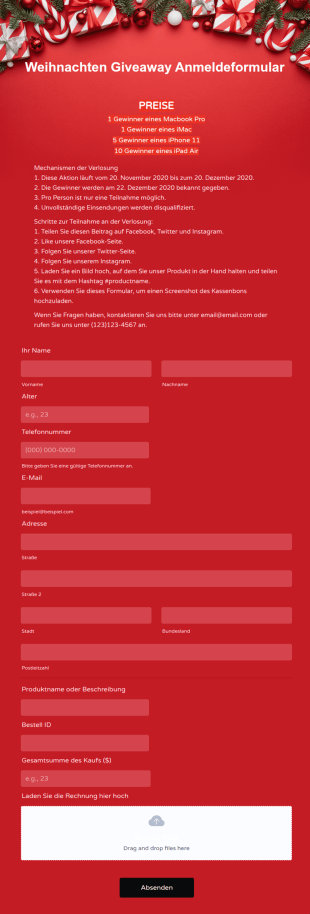 Weihnachten Giveaway Anmeldeformular