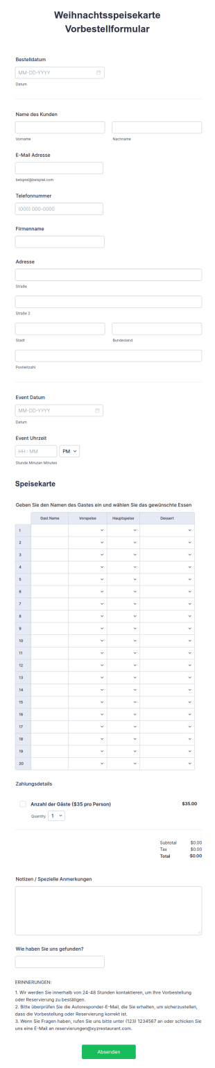 Weihnachtsspeisekarte Vorbestellformular