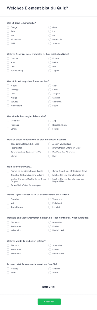 Welches Element Bist Du Quiz? Form Template