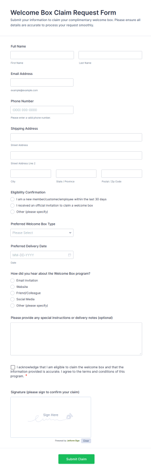 Welcome Box Claim Request Form Template