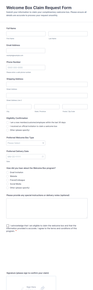Welcome Box Claim Request Form Template