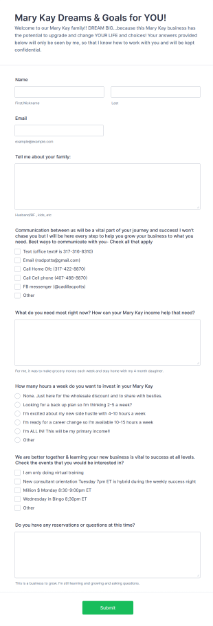 New Team Member Goals Form Template