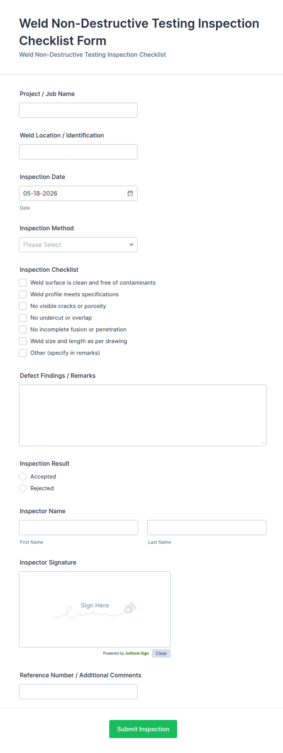 Weld Non-Destructive Testing Inspection Checklist Form Template | Jotform