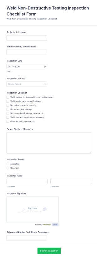 Weld Non Destructive Testing Inspection Checklist Form Template