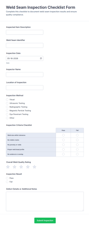 Weld Seam Inspection Checklist Form Template
