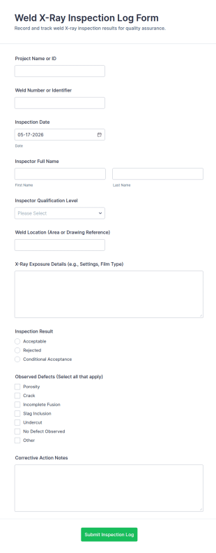 Weld X Ray Inspection Log Form Template