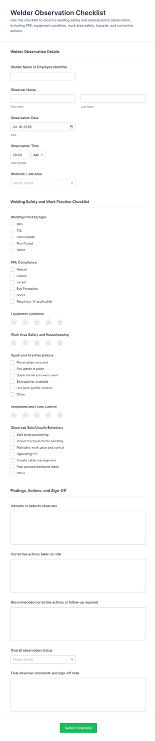 Welder Observation Checklist Form Template