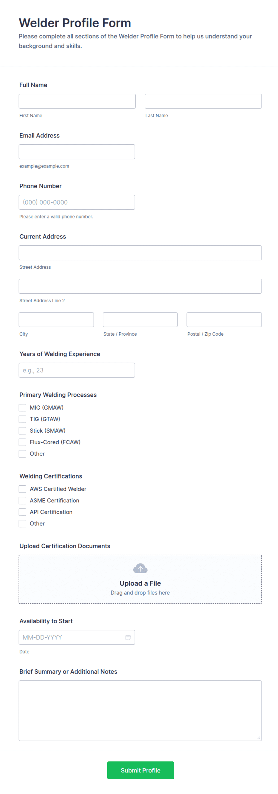 Welder Profile Form Template | Jotform