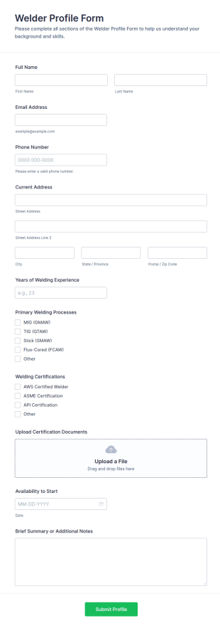 Welder Profile Form Template