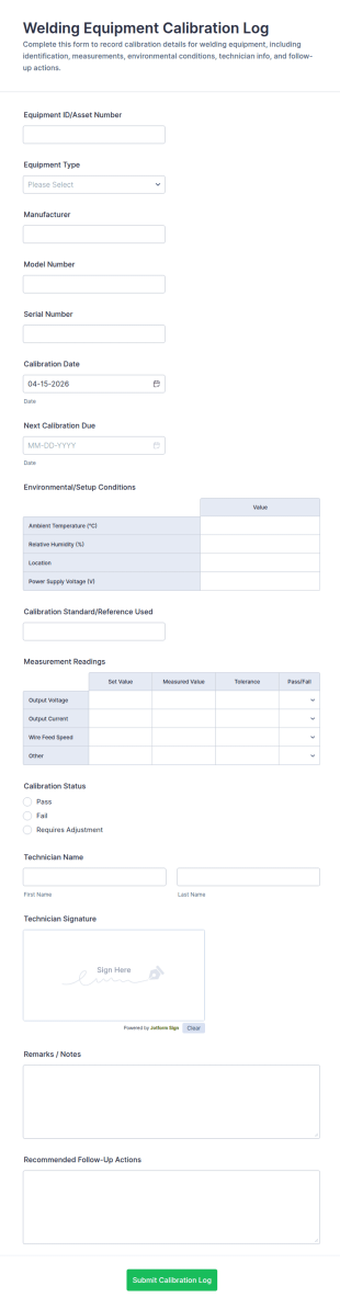 Welding Equipment Calibration Log Form Template